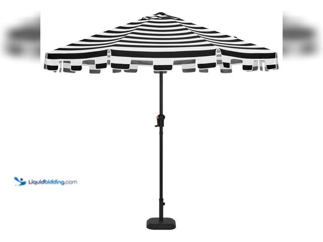 Lot 49-5410811 - Hampton Bay 9 ft. Aluminum Market Crank and Auto Tilt Patio Umbrella in Cabana Black and White Strip...