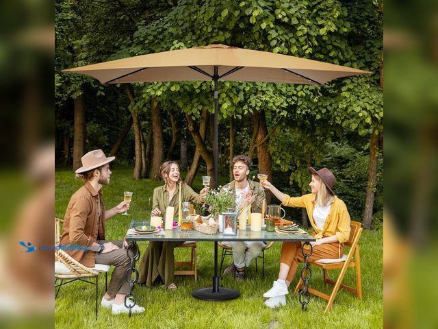 Lot 49-5538665 - Sun-Ray
6.6 ft. x 9.8 ft. Rectangular Steel Solar Market Umbrella in Taupe. Model # 801001REC. Unus...