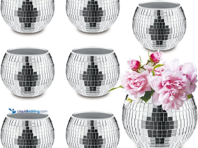 Lot 49-5437396 - 8 PCS Silver Disco Ball Vase,Glass Disco Ball Planter Candle Holder Vase Bulk Mirror Disco Ball Flow...