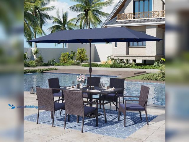Lot 49-1515984 - Black 8-Piece Metal Patio Outdoor Dining Set with Rectangle Slat Table, Umbrella and Rattan Chair wi...