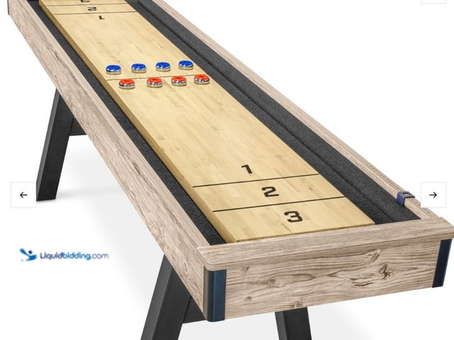 Lot 49-5459330 - GoSports Premium 9 ft Shuffleboard Table with 8 Pucks, Shuffleboard Wax, and Brush. Model #shfl-rstk...