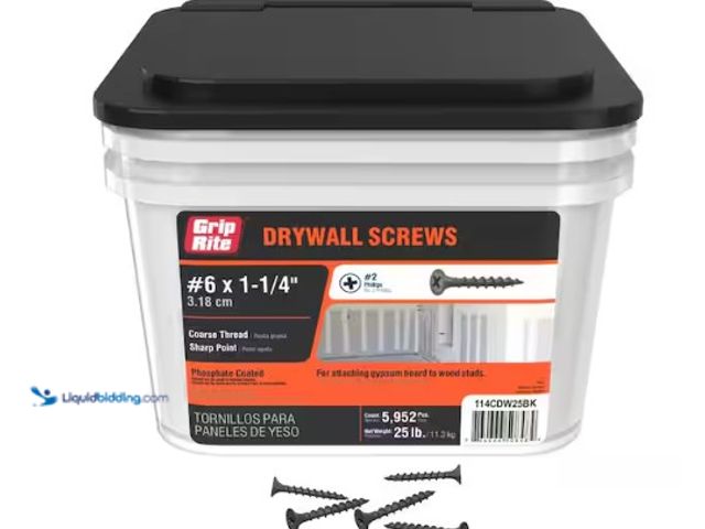 Lot 49-1531824 - Grip-Rite #6 x 1-1/4 in. #2 Phillips Bugle Head Coarse Thread Sharp Point Drywall Screws 25 lb. buck...