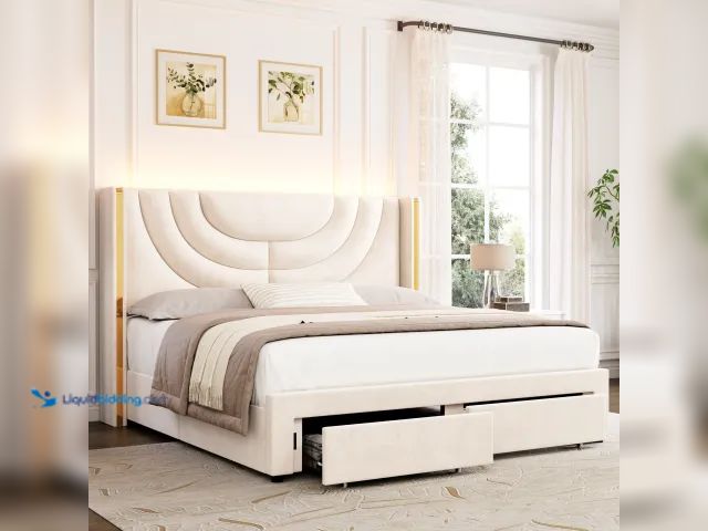 Lot 49-1630927 - Homfa King Size LED Bed Frame with 2 Drawer Storage, Wingback Platform Bed with Velvet Upholstered H...