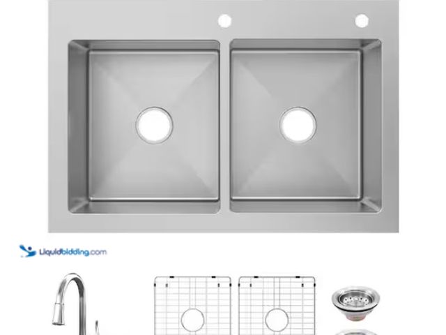 Lot 49-1574872 - Glacier Bay Dolan court Tight Radius 33 in. Drop-In 50/50 Double Bowl 18 Gauge Stainless Steel Kitch...