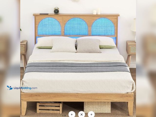 Lot 49-5452221 - Garvee 12.4" Deluxe Solid Wood Queen Bed Frame with LED Lights & Rattan Headboard, Wooden Legs, Mode...