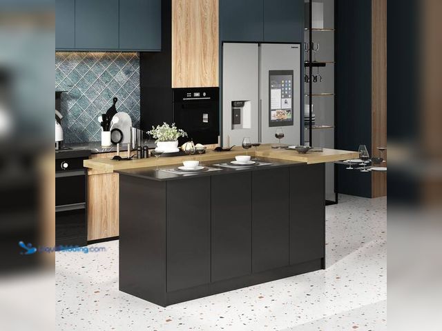 Lot 49-5446878 - Black Wooden 77.3 in. W Kitchen Island Dining Bar Table With Table Top, Shelves, Door Cabinets Model...