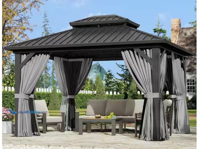 Lot 49-1599599 - Sizzim 12 ft. x 10 ft. Steel Frame Double Metal Roof Gazebo with Hooks, Curtains, and Netting, MSRP ...