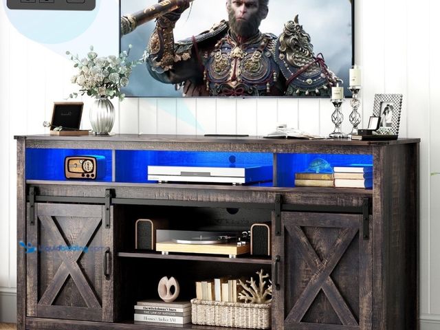 Lot 49-5405747 - LED Farmhouse TV Stand for 65" 75" TVs with Power Outlets, 32" Tall Sliding Barn Door Entertainment ...