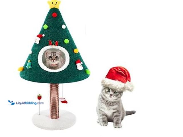 Lot 49-3432554 - 36.6 Inch Christmas Cat Tower with Cat Scratching Post and Green House Scratcher Tall Tree Tower Nat...