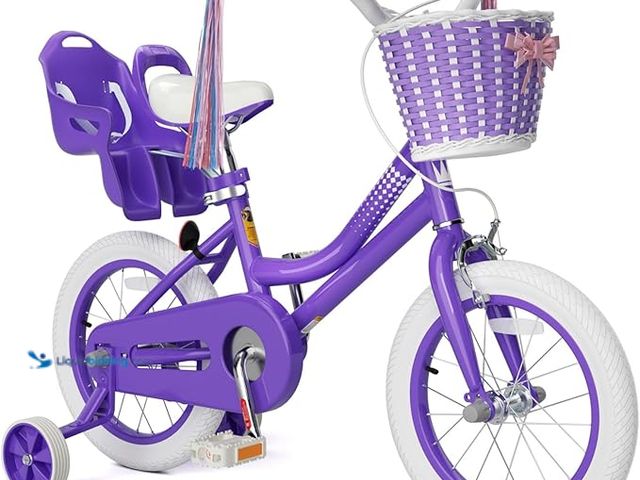 Lot 49-1557130 - Glaf 12 Inch Girls Bike with Training Wheels, Toddler Kids Bicycle with Basket and Doll Seat, Purple...