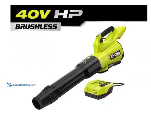 Lot 49-1636834 - RYOBI 40V HP Brushless Whisper Series 180 MPH 800 CFM Cordless Battery Leaf Blower with 4.0 Ah Batte...