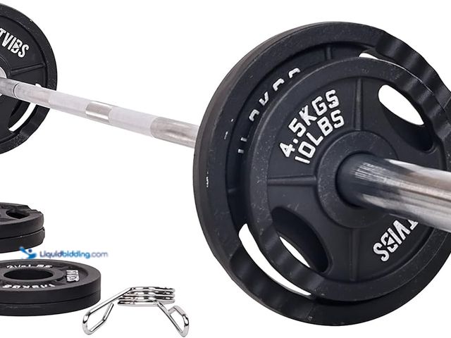 Lot 49-5486218 - Signature Fitness Cast Iron Olympic 2-Inch Weight Plates Including 7FT Olympic Barbell, 130-Pound Se...