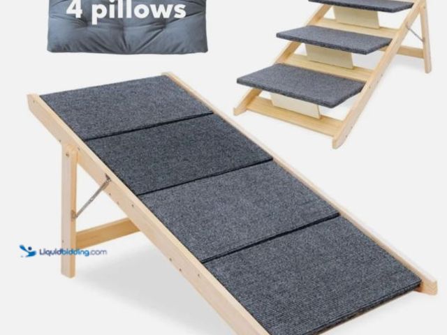 Lot 49-3531402 - Folding Wooden Dog & Cat Stairs - Steps - Ramp w/ Cusions for Bed or Car Item is unused.