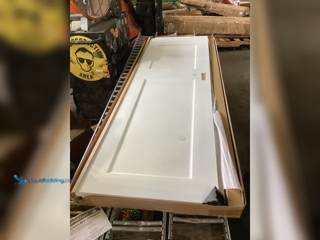 Lot 49-1630928 - 48in x 84in White 2 Piece Wooden 2 Panel Hollow Core Sliding Door, Unused, Has Attachments, Scuffs a...