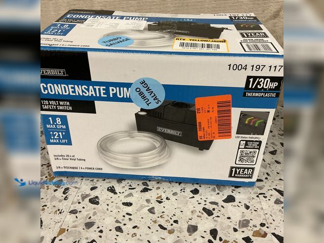 Lot 49-5459571 - Everbilt 120-Volt Condensate Pump w/ Hose 1.8GPM 21MAX LIFT 1/30HP. Model #810176860014. Slightly us...