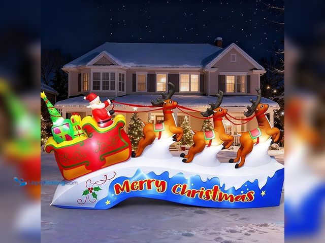 Lot 49-3482718 - Pechfun 12FT Long Christmas Inflatables Outdoor Decorations, Santa Claus on Sleigh and 3 Reindeers G...