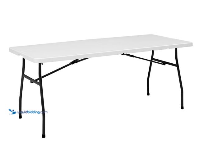 Lot 49-5556864 - Mainstays 6' Premium Rectangle Centerfold Folding Table, White. Unused and slightly dirty.