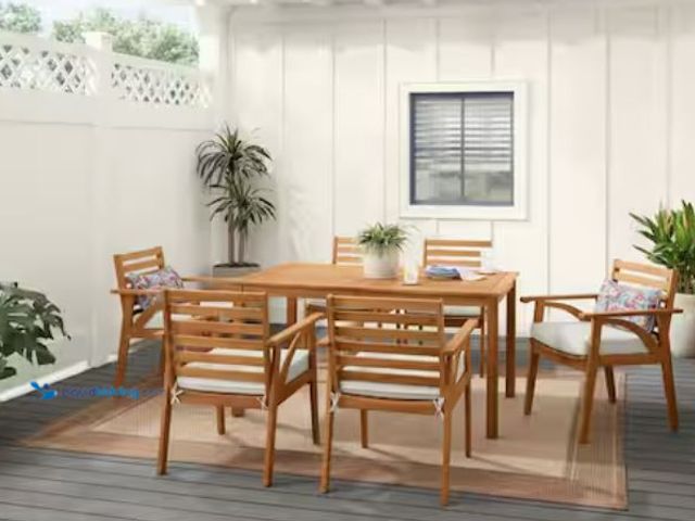 Lot 49-2020977 - Hampton Bay Windy Hill 7-Piece Acacia Wood Outdoor Dining Set with CushionGuard Almond Biscotti Cush...