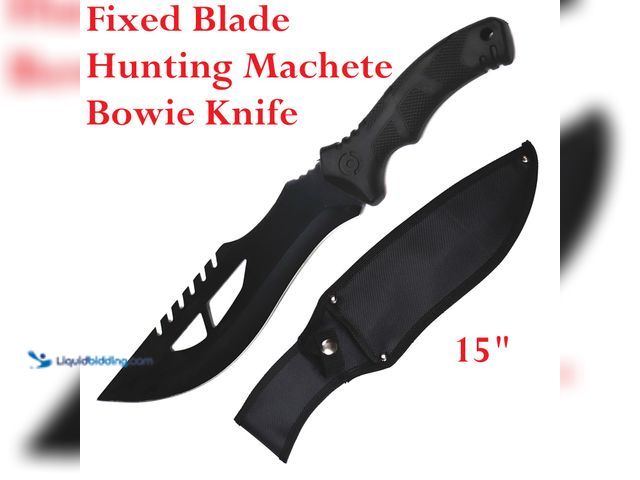 Lot 49-1616310 - Fixed Blade Hunting Machete Bowie Knife 15" Stainless Steel with Black Handle - NEW - This fixed kni...