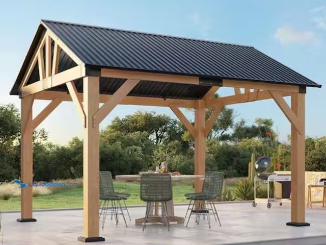 Lot 49-1599653 - Amerlife 10 ft. x 12 ft. Black Spruce Wood Hardtop Pergola Gazebo with Metal Steel Roof, Model # P00...