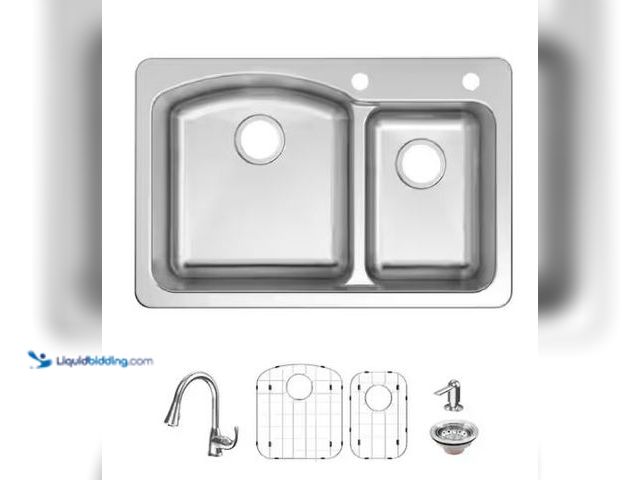Lot 49-1518081 - Bratten 33 in. Drop-In 60/40 Double Bowl 18 Gauge Stainless Steel Kitchen Sink with Pull-Down Faucet...