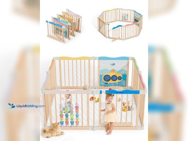 Lot 49-3564428 - Foldable Wooden Playpen - Adjustable Wood Baby Play Yard with Child-Proof Lock, Indoor Large Safety ...