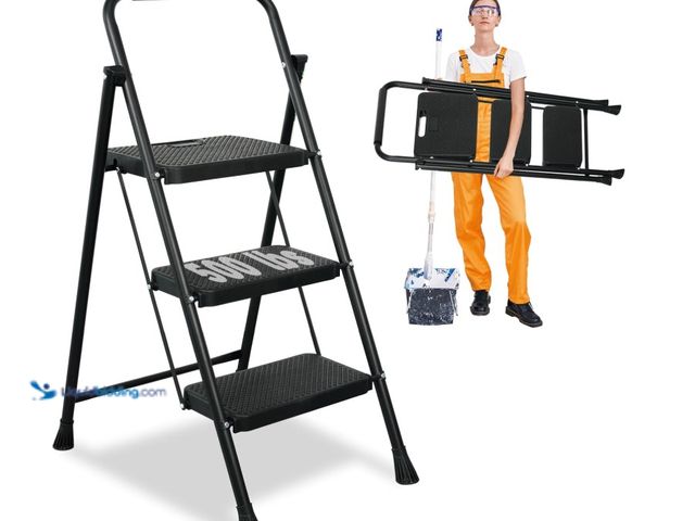 Lot 49-1516359 - 3 Step Ladder, Portable Steel Folding Stool with Wide Anti-Slip Pedal, 500lbs Sturdy Steel Ladder, B...