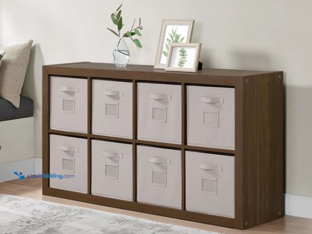 Lot 49-5538780 - Bayside Furnishings O'nin Room Divider featuring a wood frame and eight fabric storage bins Unused