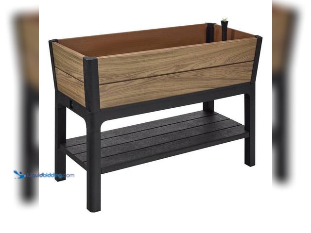 Lot 49-5406331 - Vigoro Oak Vinyl Resin Garden Bed Planter with Storage Shelf (44 in. L x 18 in. W x 31 in. H), Model...