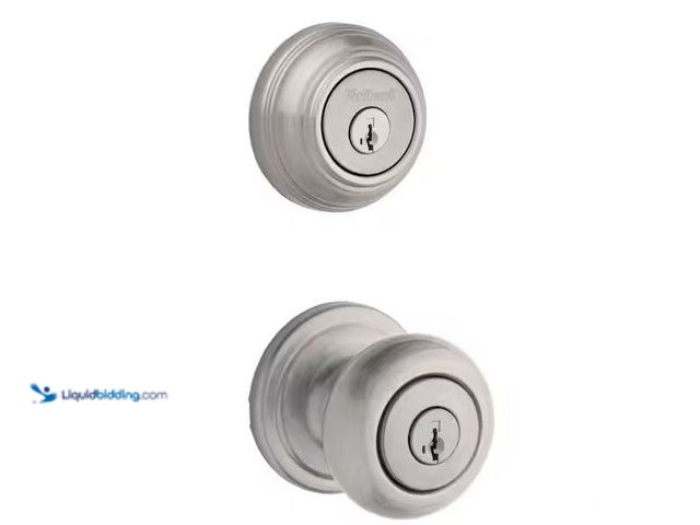 Lot 49-1568719 - Kwikset Juno Satin Nickel Exterior Entry Door Knob and Double Cylinder Deadbolt Combo Pack Featuring...