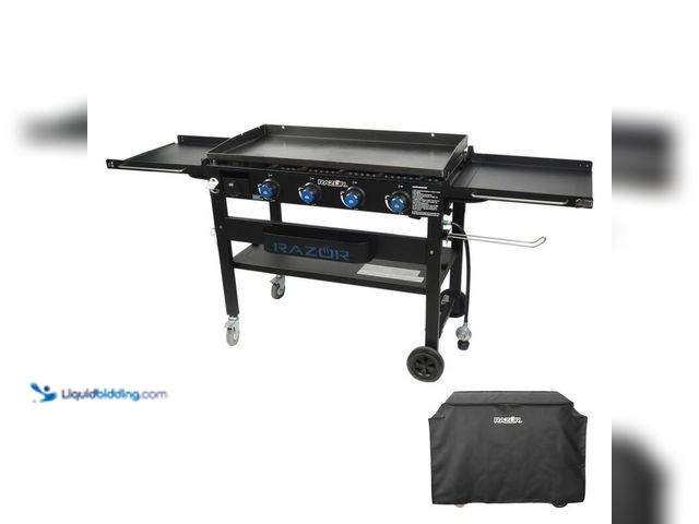 Lot 49-5414417 - Razor 37 in. 4-Burner Portable Propane Gas Griddle Flat Top Grill in Black with Foldable Shelves and...