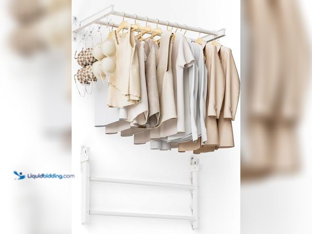 Lot 49-5405904 - 32 inch Wall Mounted Drying Rack, Laundry Clothes Drying Rack Foldable, 2 Rods, 8 Clips, Holds 60+ l...