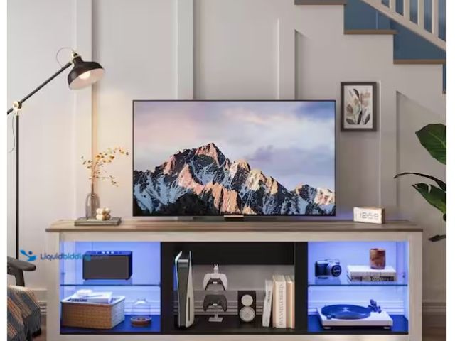 Lot 49-1571344 - Bestier 70 in. Wash White TV Stand Fits TV's up to 75 in. with Tempered Glass Shelves LED Lights and...