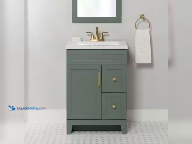 Lot 49-1570385 - Glacier Bay Chasbury 25 in. Single Sink Palm Green Bath Vanity with White Cultured Marble Top (Assem...