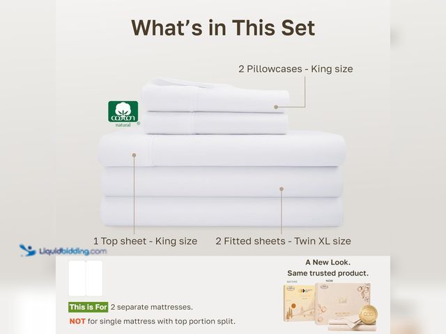 Lot 49-5572349 - SPLIT KING - California Design Den 100% Cotton Sateen Split King Sheets, 5 Pcs, White. Model: 840307...