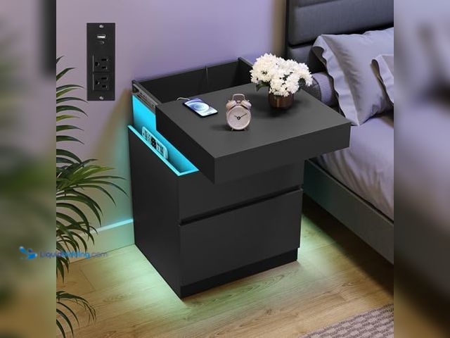 Lot 49-3617652 - VASAGLE KAILYN Collection - Nightstand with Power Outlets, Sliding Lid, Modern Bedside Table with LE...