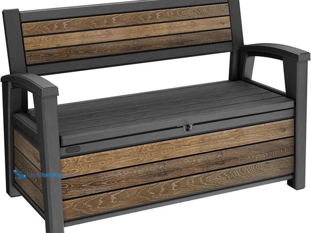Lot 49-3564004 - Keter Signature 60 Gallon Storage Bench Deck Box for Patio Furniture, Front Porch Decor and Outdoor ...