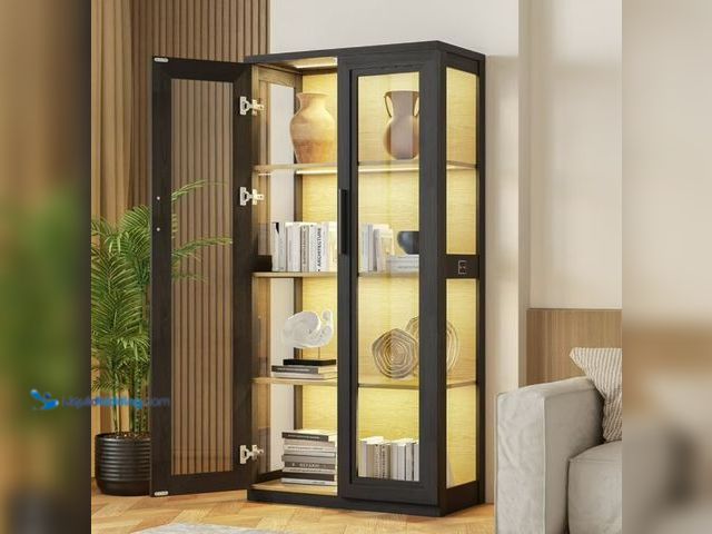 Lot 49-1555657 - BROTTAR 65" Curio Display Cabinet with Glass Doors, 3 Color Lights & Human body Sensor, Black, Model...