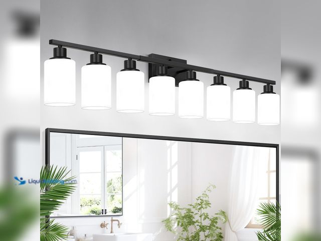 Lot 49-5553246 - Indoi 8-Light Bathroom Light Fixtures, Matte Black Modern Vanity Lights with Milky White Shades, Bat...