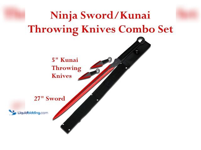 Lot 49-1616525 - Ninja Sword/Kunai Throwing Knives Combo Set Red includes 27" Sword and Set of (2) 5" Throwing Knives...