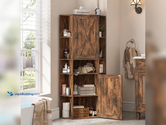 Lot 49-1568819 - VEANERWOOD Farmhouse 55" Tall Corner Cabinet, 10-Cubby Corner Storage Cabinet with Adjustable Shelve...