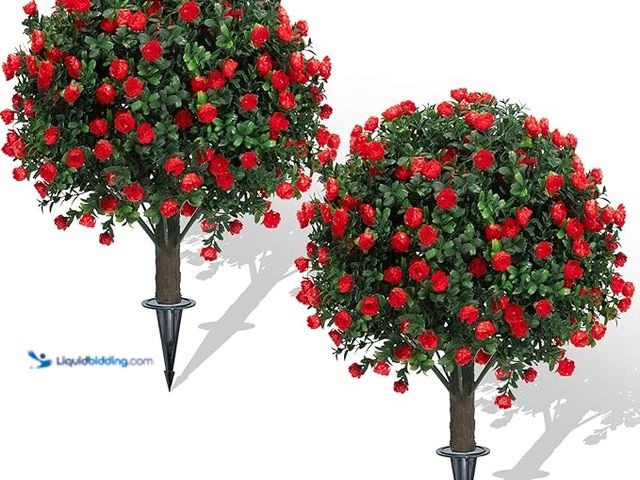 Lot 49-5433779 - Set of 2 Artificial Boxwood Topiary Ball Trees with Red Flowers for Outdoor with Ground Spike 22", U...