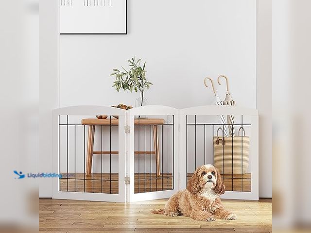 Lot 49-5407398 - PAWLAND Free Standing Dog Gates for The House Stairs Doorways Indoor Foldable Wooden Small White Pup...