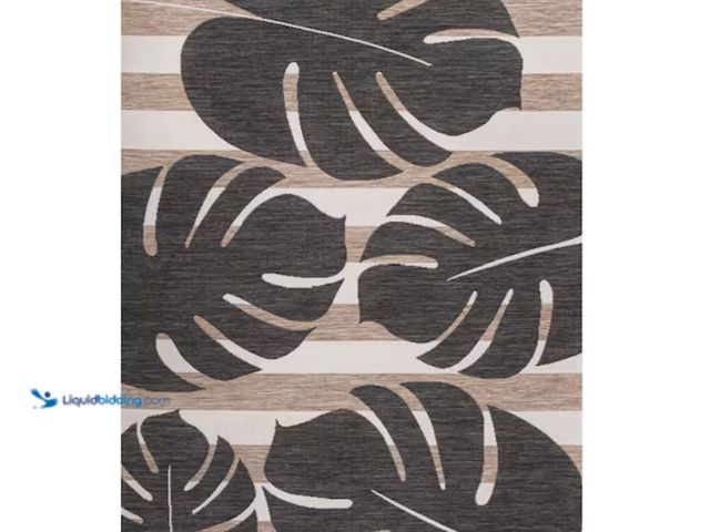 Lot 49-2000064 - JONATHAN Y Allison Classic Beach Stripe and Monstera Leaf Black/Beige 8 ft. x 10 ft. Indoor/Outdoor ...