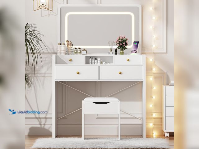 Lot 49-5459637 - Vanity Desk with Mirror and Lights, Makeup Vanity Table with Drawers, Storage Stool, 41" Large Mirro...