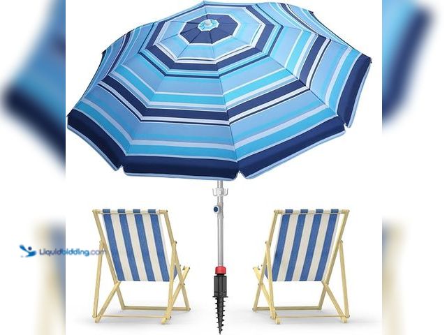 Lot 49-3462974 - 7ft Heavy Duty High Wind Beach Umbrella Parasols with sand anchor & Tilt Sun Shelter, UV 50+ Protect...