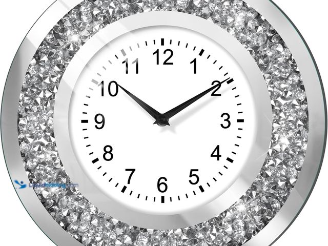 Lot 49-5581811 - Crystal Crushed Diamond Mirrored Wall Clock Silent Clock for Wall Décor 14” Glass Sparkle Luxury Bli...