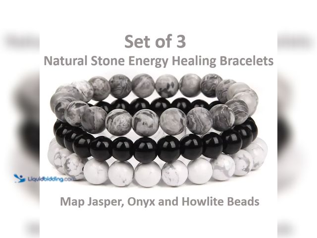 Lot 49-1820663 - Set of 3 Natural Stone Energy Healing Bracelets 6mm Beads - NEW - Featuring Map Jasper, Onyx and How...