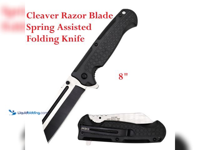 Lot 49-1616532 - ElitEdge Cleaver Razor Blade Spring Assisted Folding Knife 8" Black with 2-Tone Blade - NEW - Exclus...