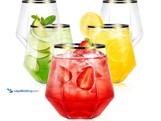 Lot 49-3431529 - Maaacute 40 Pack Plastic Stemless Wine cocktail Whiskey Champagne Glasses, 12 Oz Gold Rim Disposable...